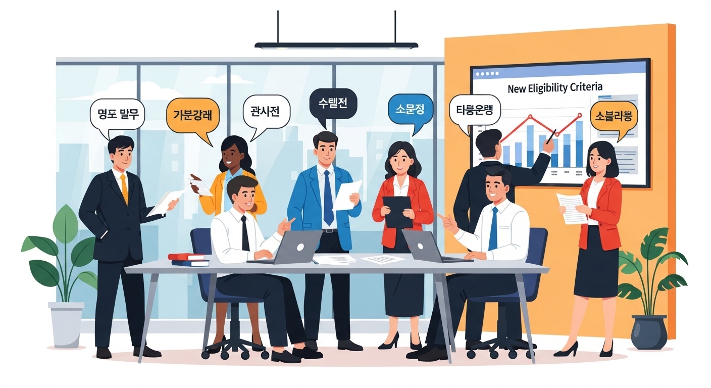 다양한 직종의 사람들이 새로운 공제 조건을 논의하는 장면