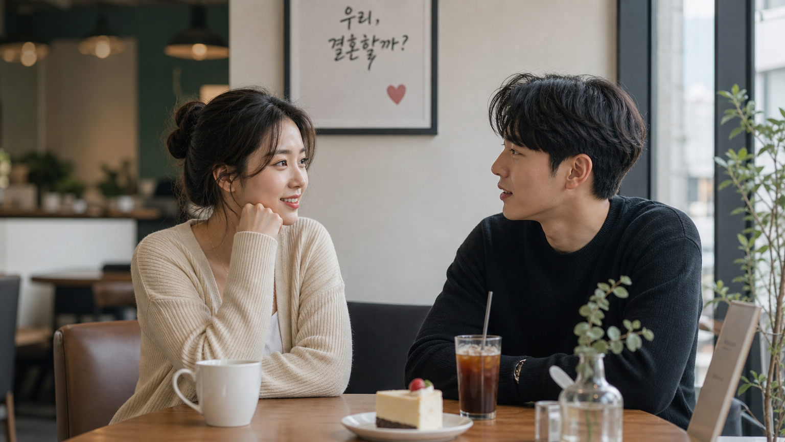 젊은 커플이 카페에서 결혼에 대해 대화하는 모습