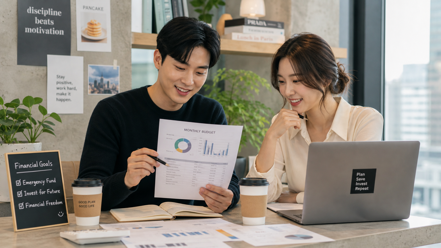 현대적인 사무실에서 재정 계획을 논의하는 젊은 직장인들