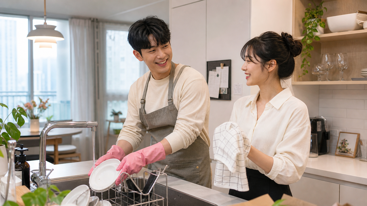 현대식 아파트 주방에서 함께 집안일을 하는 커플