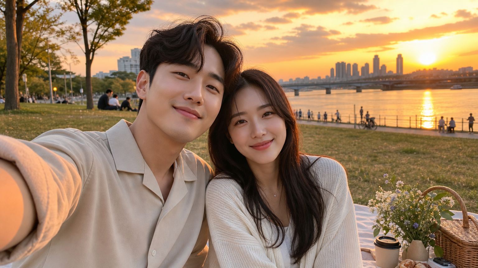 아이 없이 공원에서 여유로운 시간을 보내는 커플