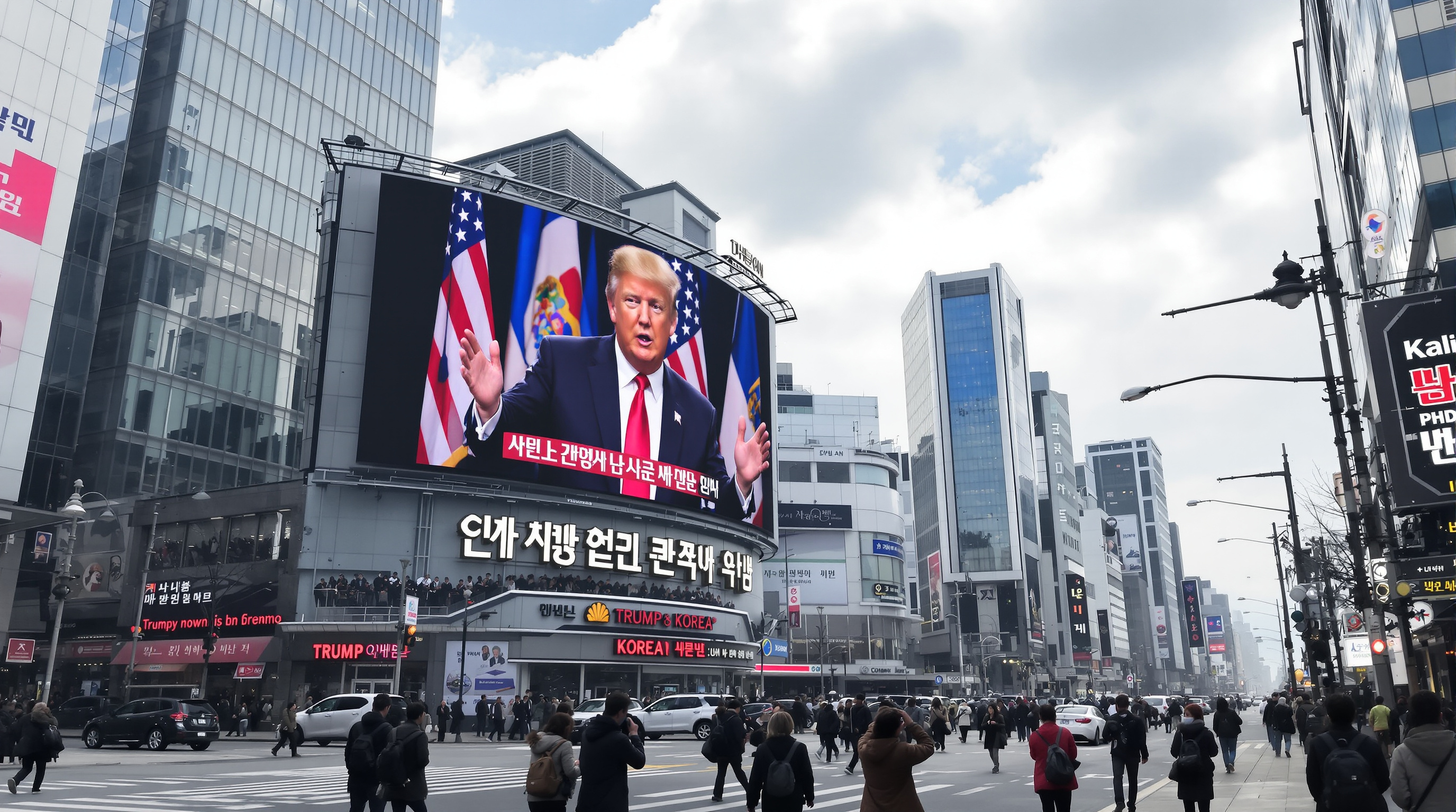 현대적인 도시 풍경에서 디지털 전광판에 연설하는 트럼프와 바쁜 거리 모습이 담긴 이미지