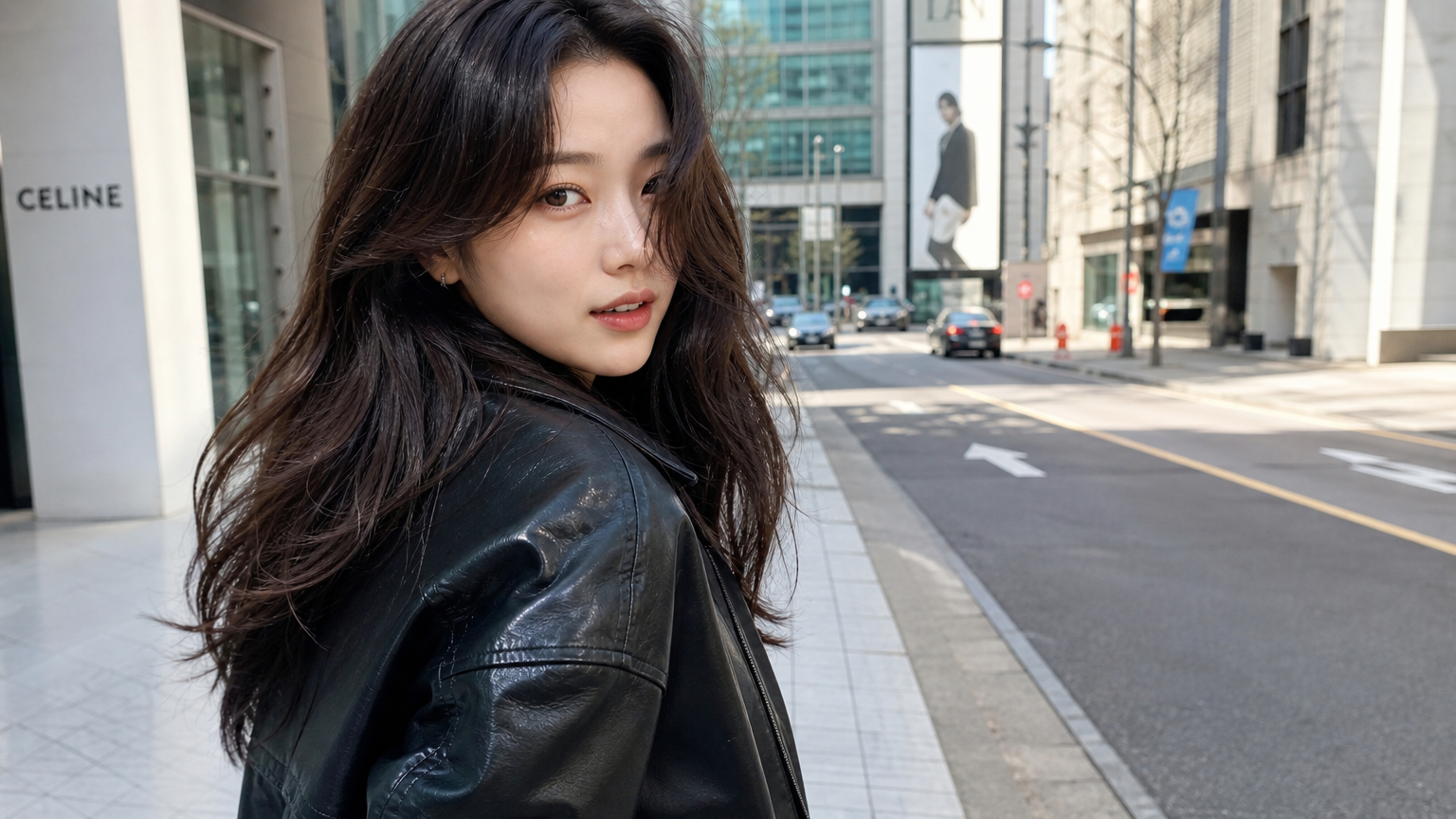 긴 웨이브 머리를 한 한국 여배우가 서울 도심에서 자신감 넘치는 모습