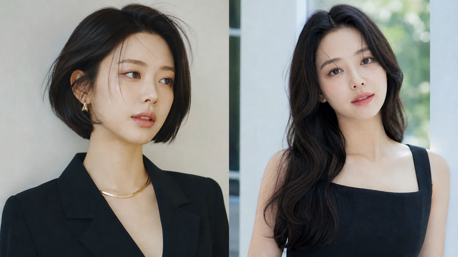 세련된 보브컷에서 긴 웨이브 헤어로 변신한 한국 여배우의 우아한 모습