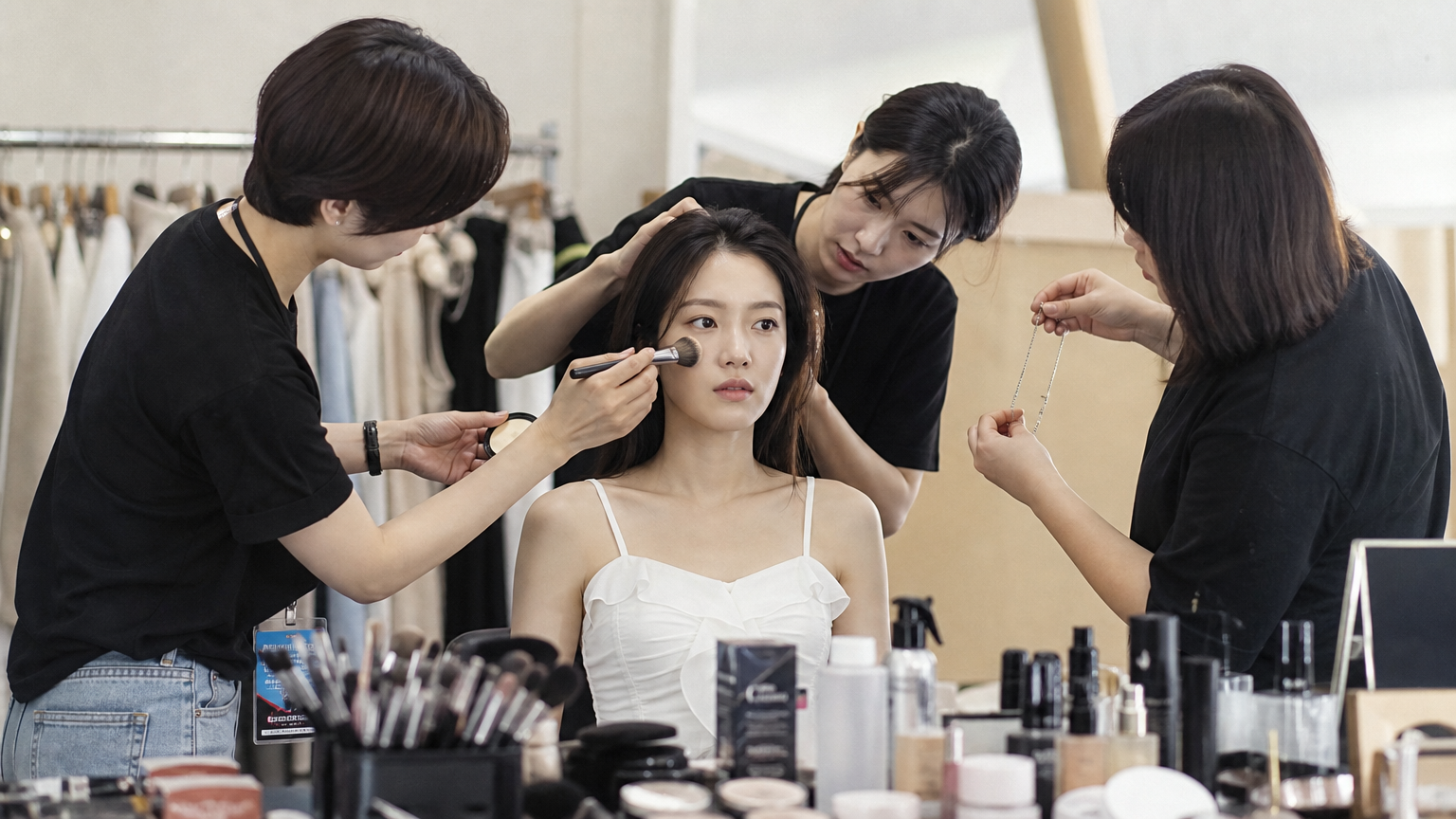 전문 스타일리스트 팀과 함께 역할 준비 중인 한국 여배우