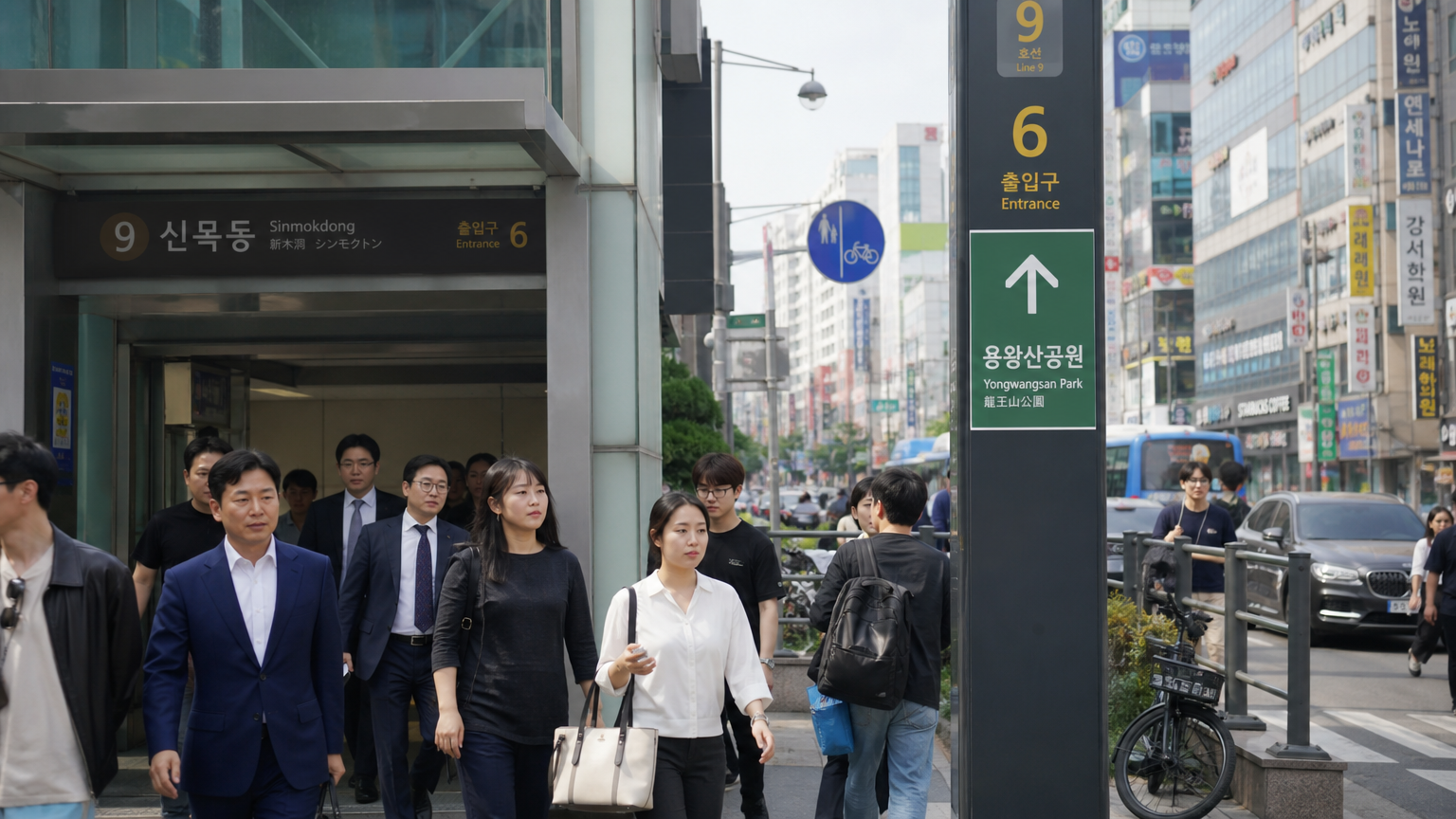 신목동역 출구에서 나오며 활기찬 도시 풍경 속에 있는 사람들