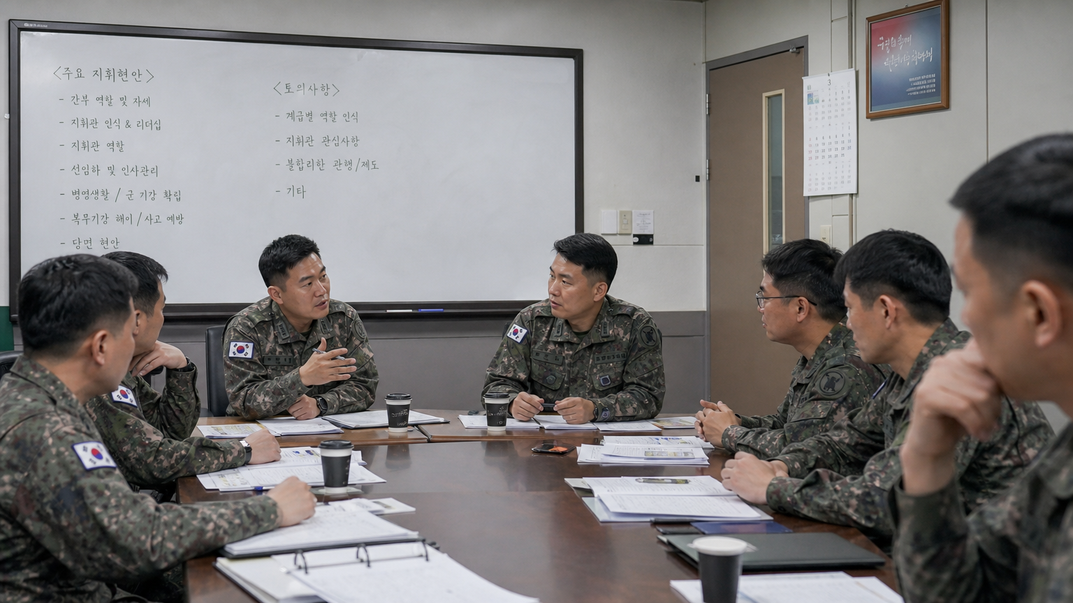 내부 갈등과 리더십 문제에 대해 토론하는 한국 군인들