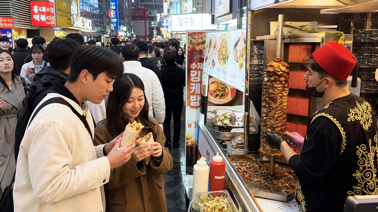 서울 거리 음식 시장에서 다양한 사람들이 기로스 케밥을 즐기는 모습