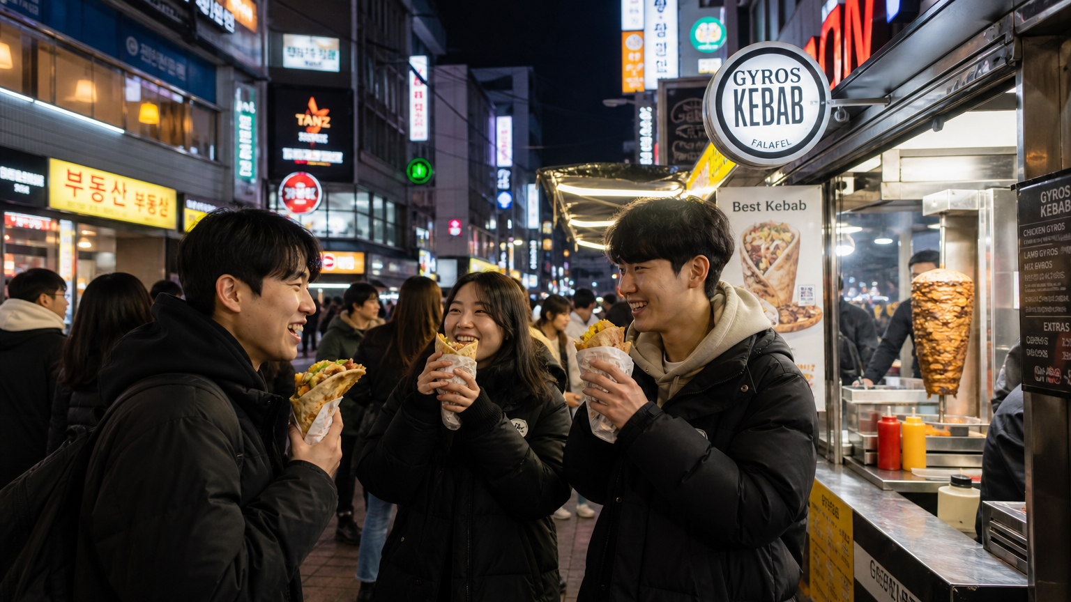 국제적인 음식 간판과 화려한 도시 불빛 속에서 젊은이들이 기로스 케밥을 즐기는 모습