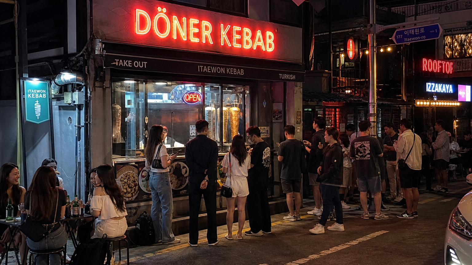 네온사인으로 밝혀진 인기 기로스 케밥 가게 앞에 모인 한국인들