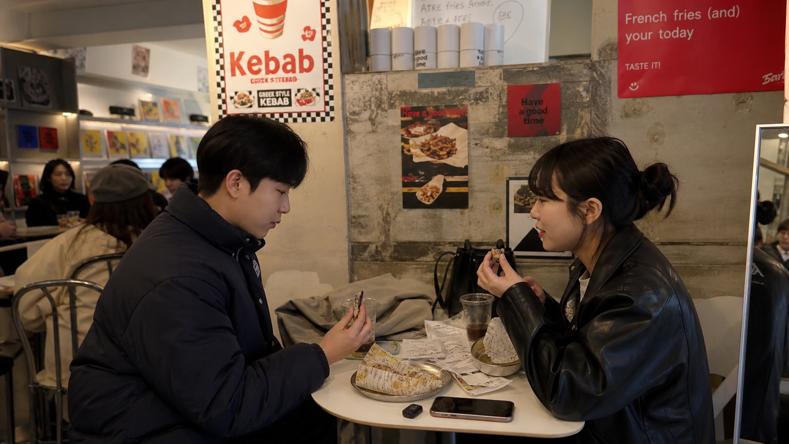예술적 인테리어가 돋보이는 홍대 카페에서 저렴한 기로스 케밥을 즐기는 젊은이들