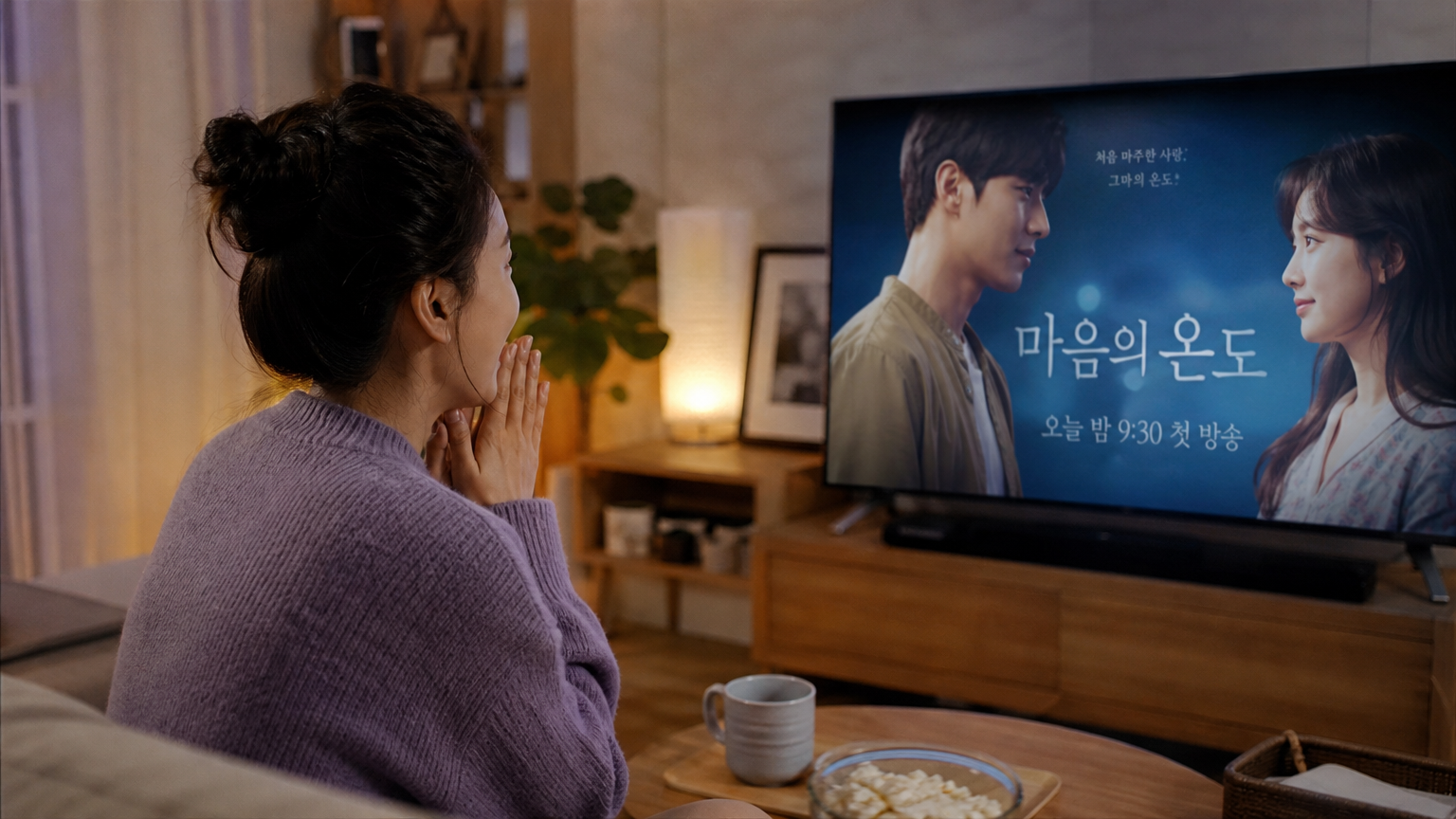 현대적인 거실에서 새 드라마를 기대하는 여성이 TV 앞에 앉아 있는 모습