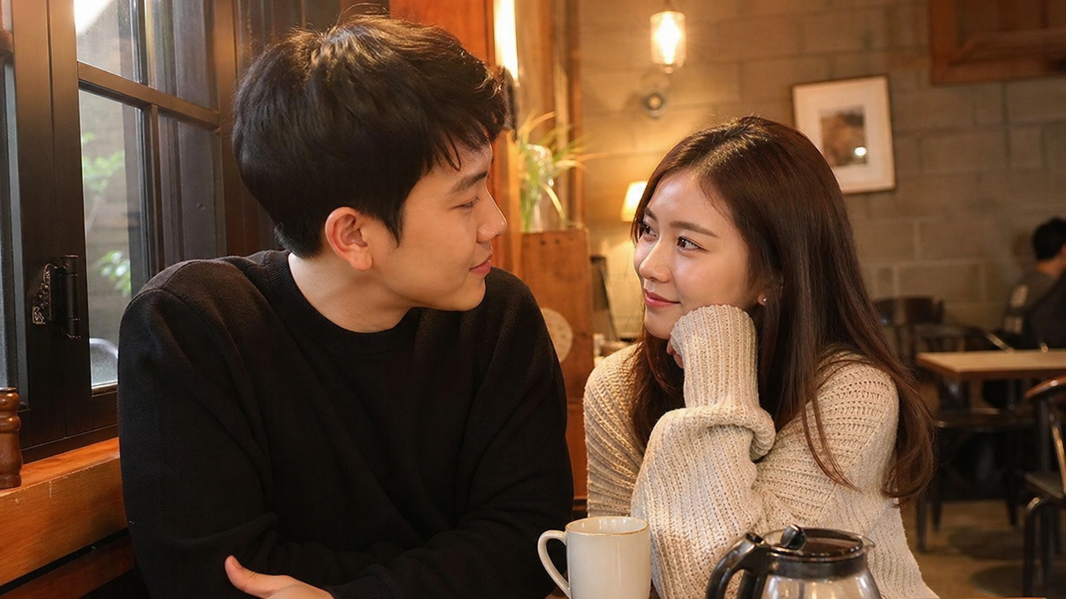 따뜻한 조명이 비추는 카페에서 조용한 시간을 보내는 커플