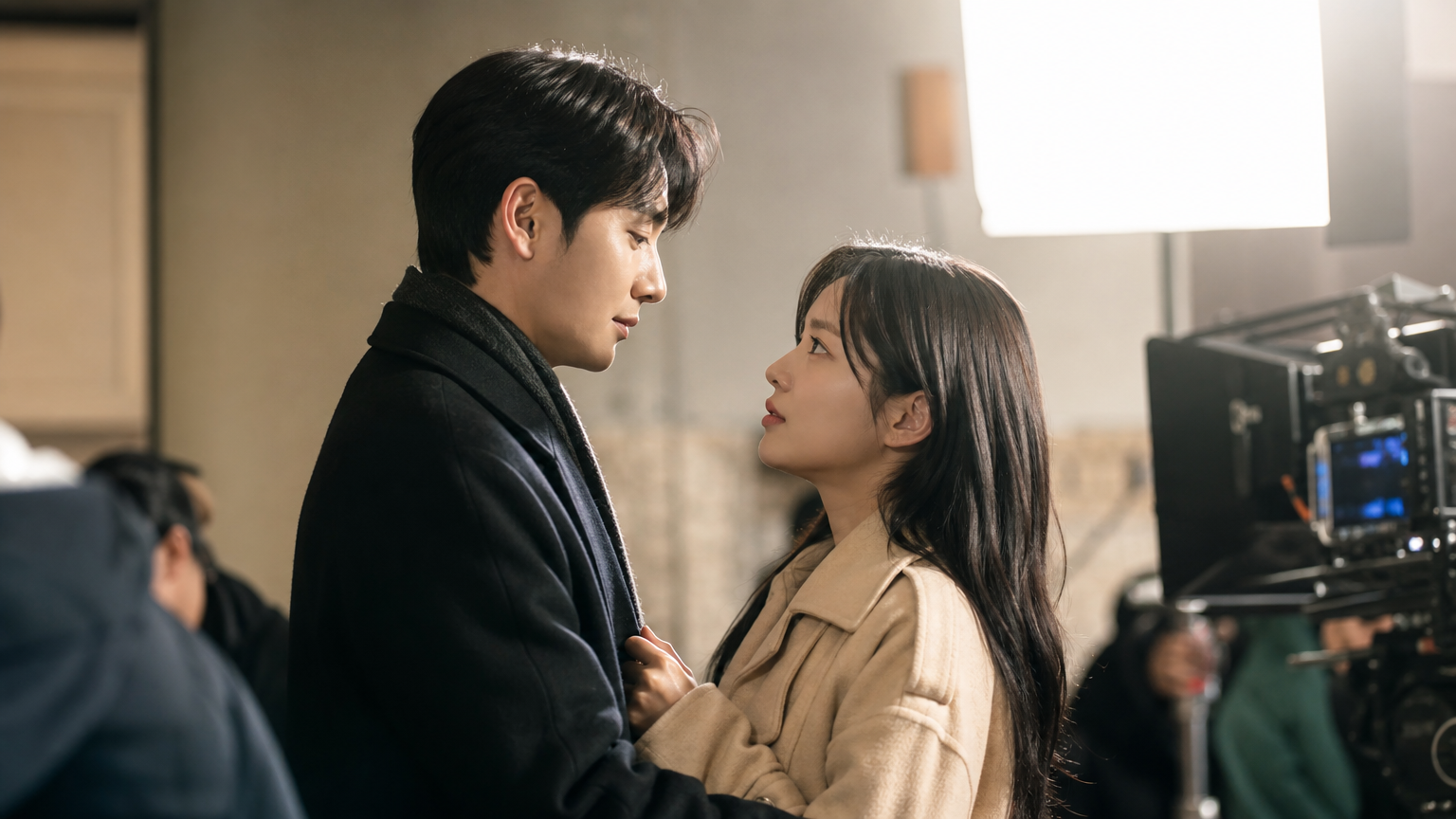 로맨틱 장면을 리허설하는 두 배우의 세트장 모습