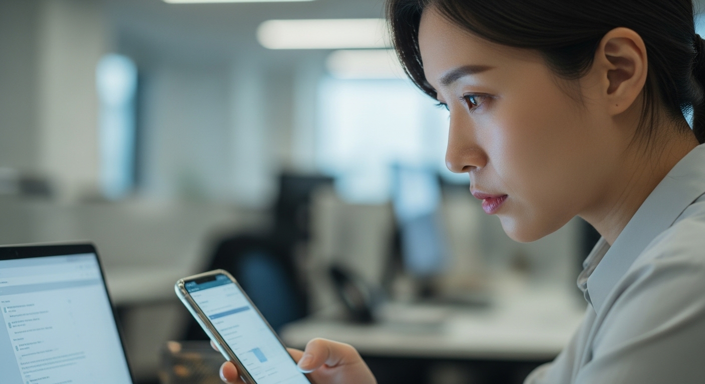 디지털 기기 사용으로 인한 눈 피로를 겪는 현대 사무직 근로자의 모습