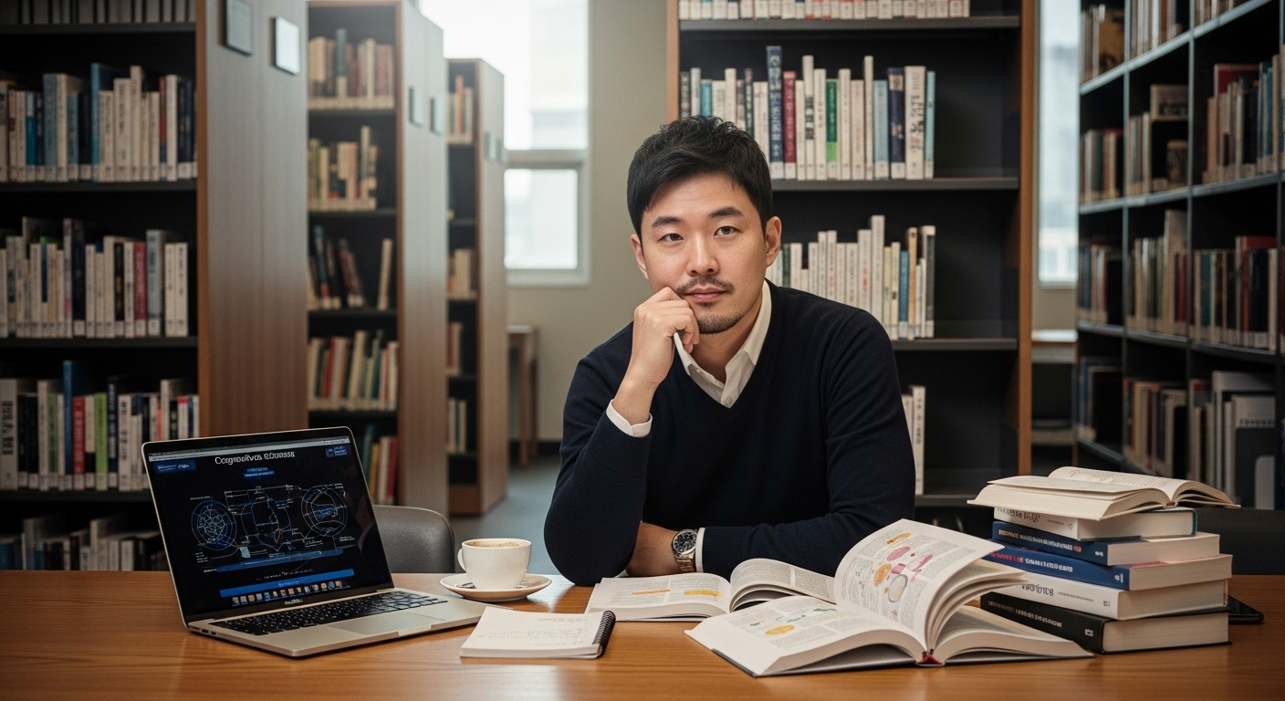 현대 도서관에서 지능의 개념을 고민하는 젊은 남성의 모습