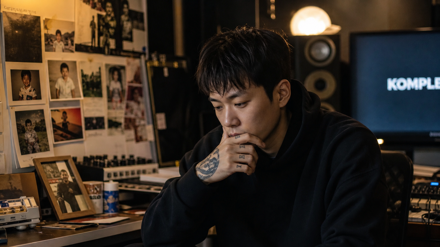 한국 래퍼가 자신의 과거를 회상하며 스튜디오에서 음악 장비와 어린 시절 사진들에 둘러싸여 있는 모습