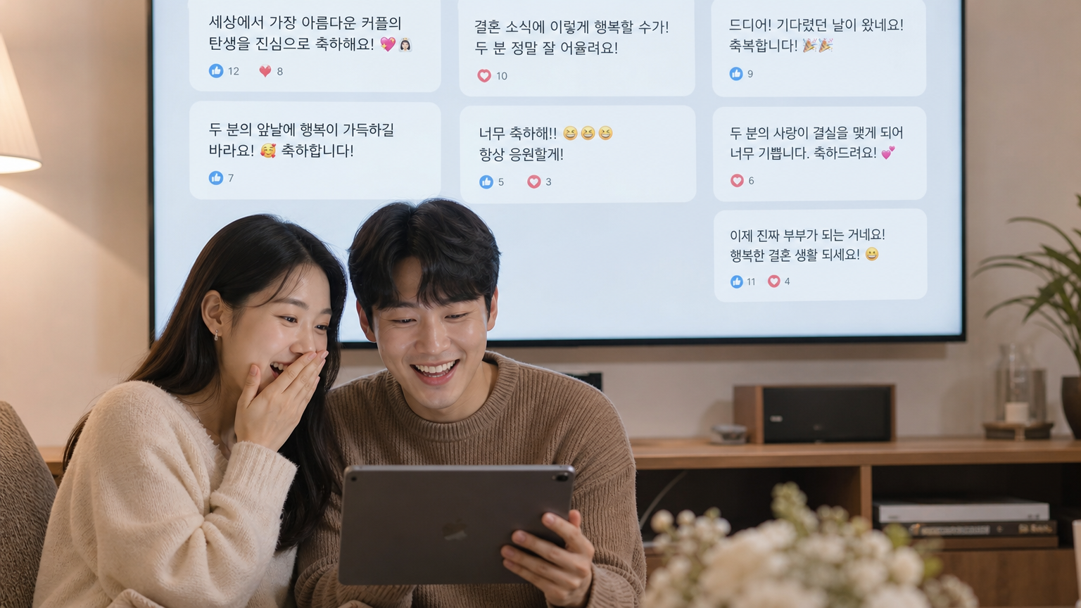 현대적인 한국 커플이 따뜻한 거실에서 결혼 발표를 축하받는 모습
