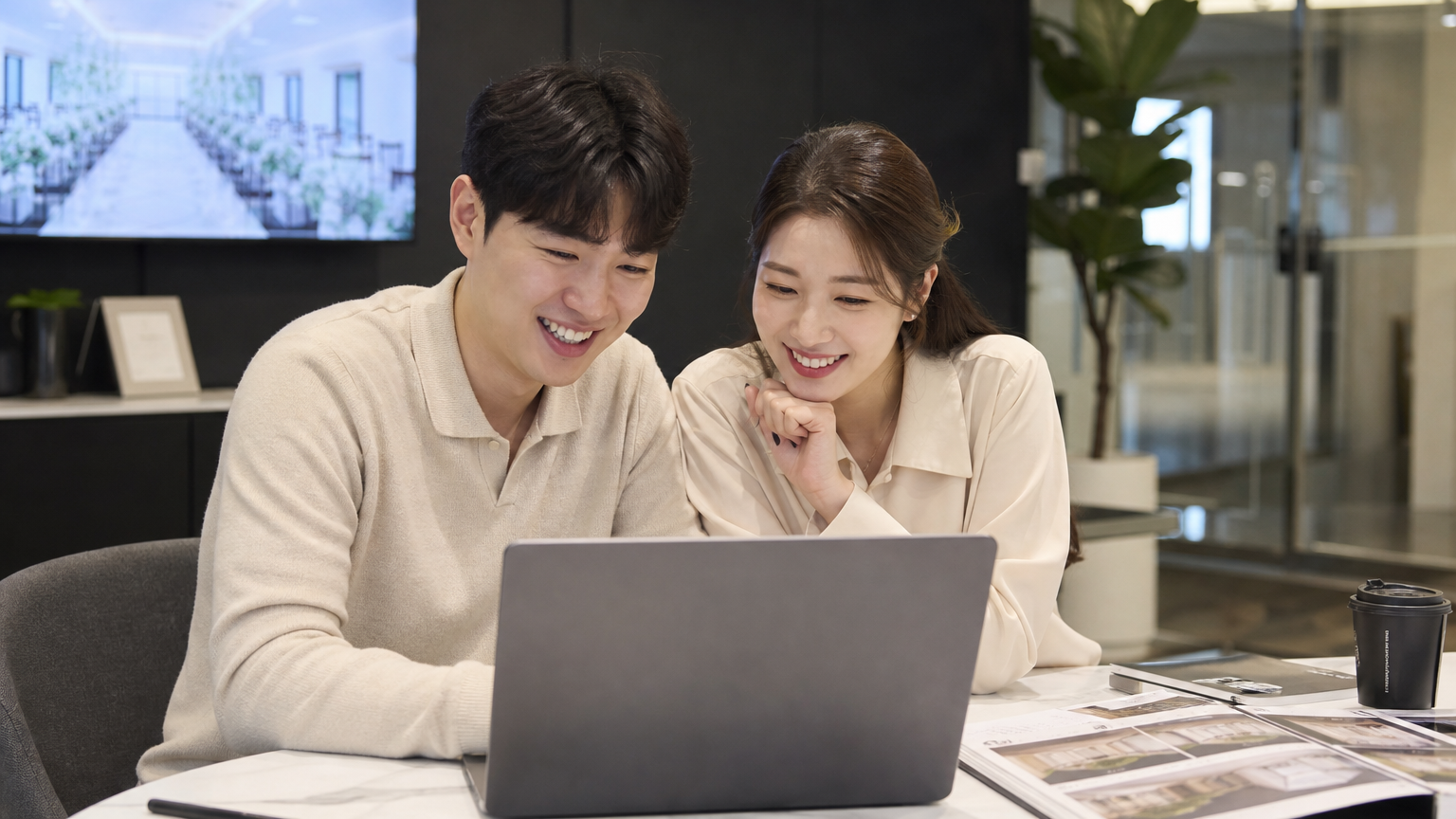 현대적 사무실 공간에서 웨딩 장소를 함께 검색하며 즐거운 표정을 짓고 있는 한국 커플