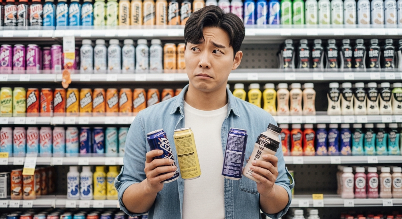 편의점에서 에너지 음료와 셰이크 성분표를 확인하는 남성