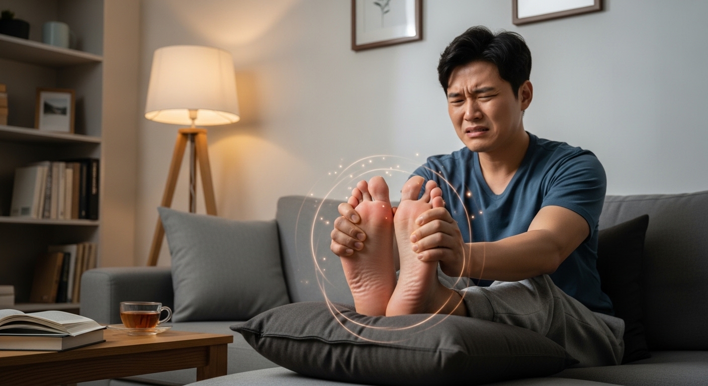 거실 소파에서 발 마사지를 하며 불편해하는 남성 모습