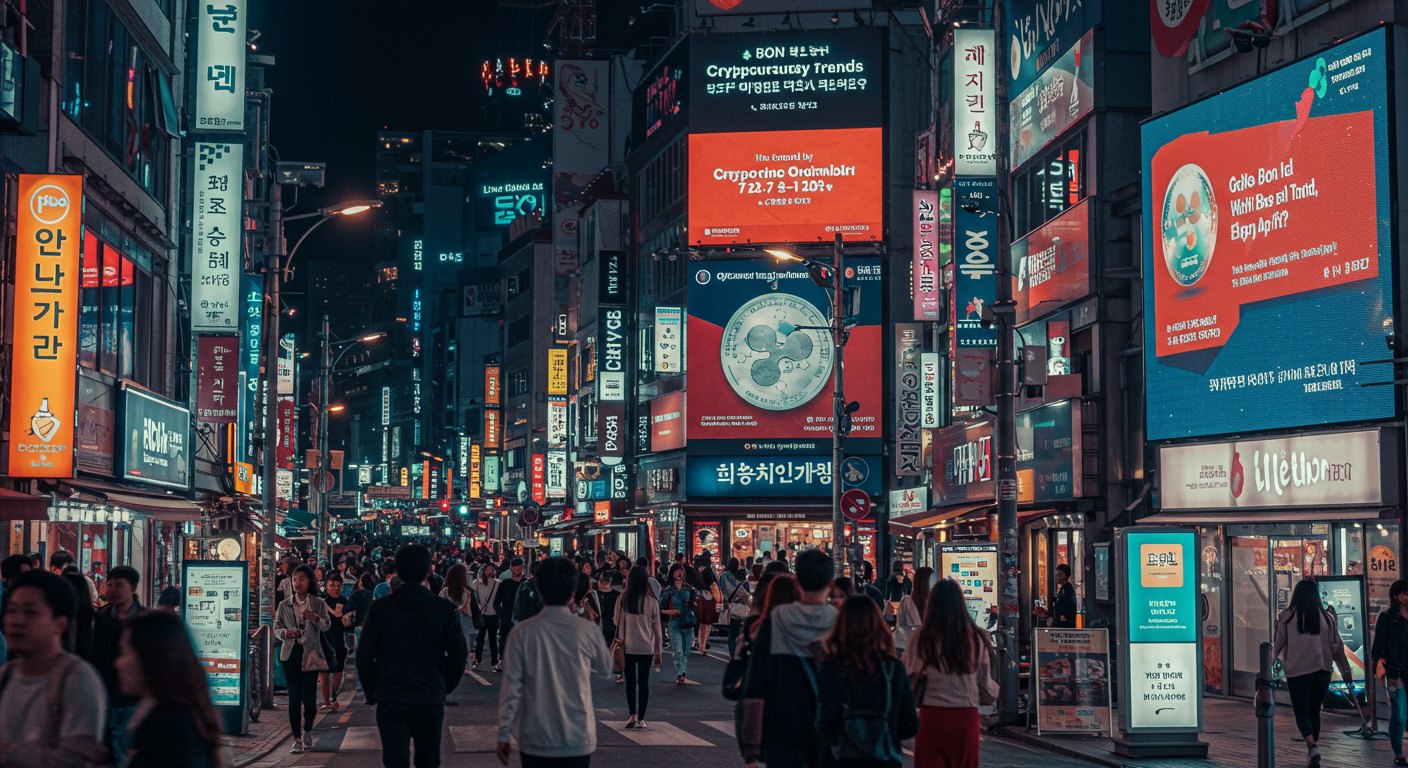 서울 거리에서 암호화폐 트렌드와 파트너십 광고를 내건 디지털 빌보드들
