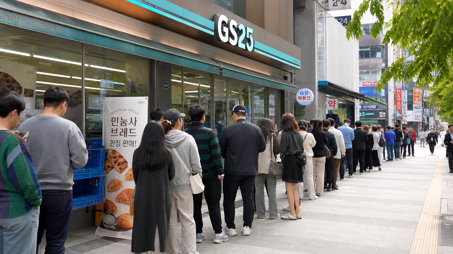 편의점 앞에서 민음사빵을 사려는 사람들의 줄