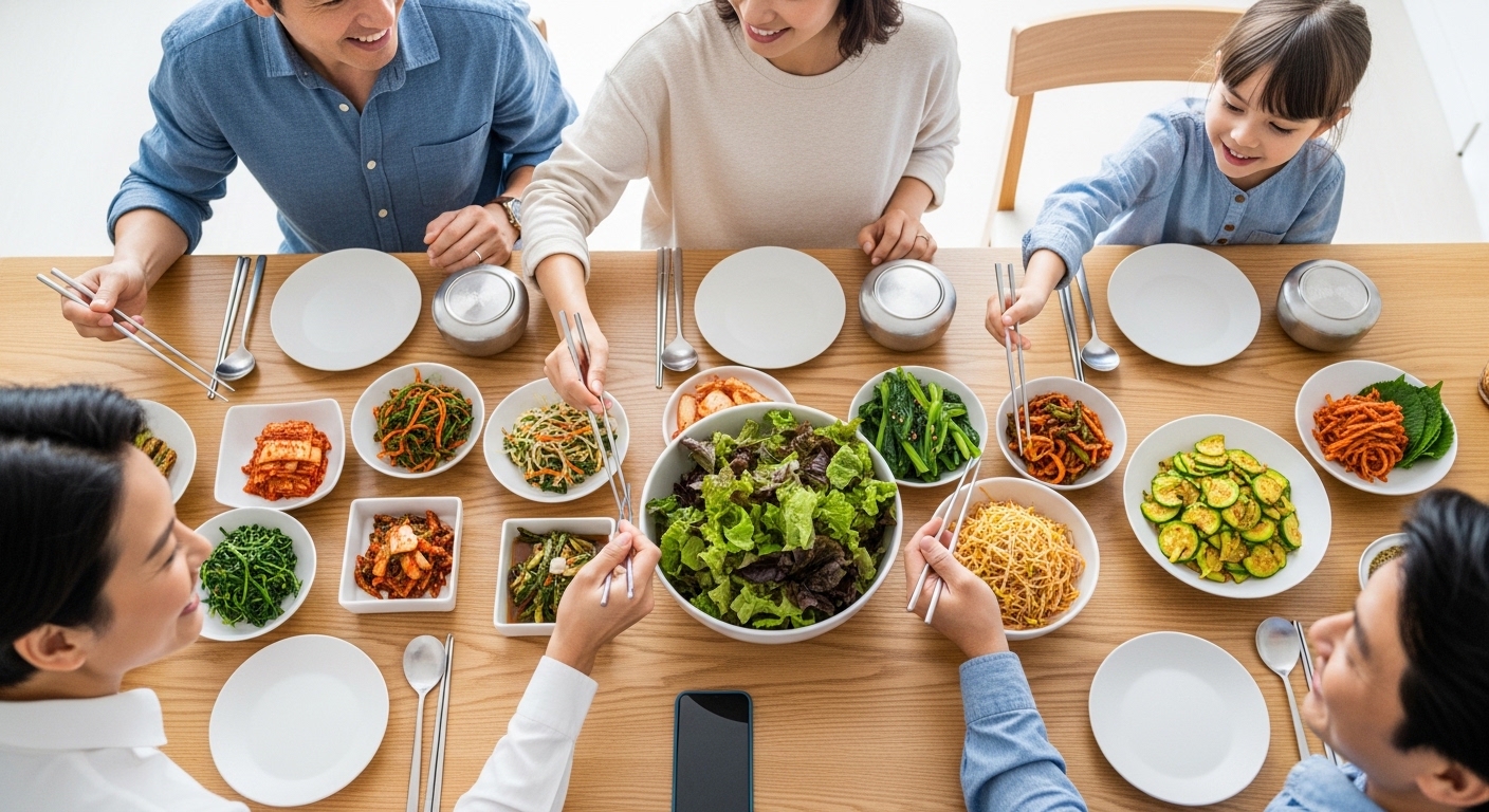 채소부터 먹기 시작하는 가족들의 행복한 저녁식사 장면