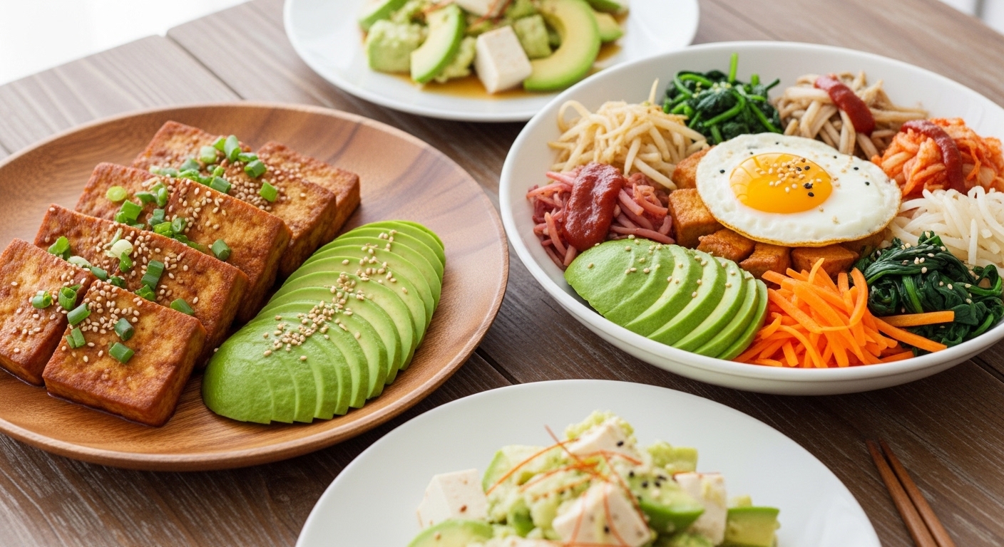 나무 접시에 담긴 두부와 아보카도 같은 건강한 음식들