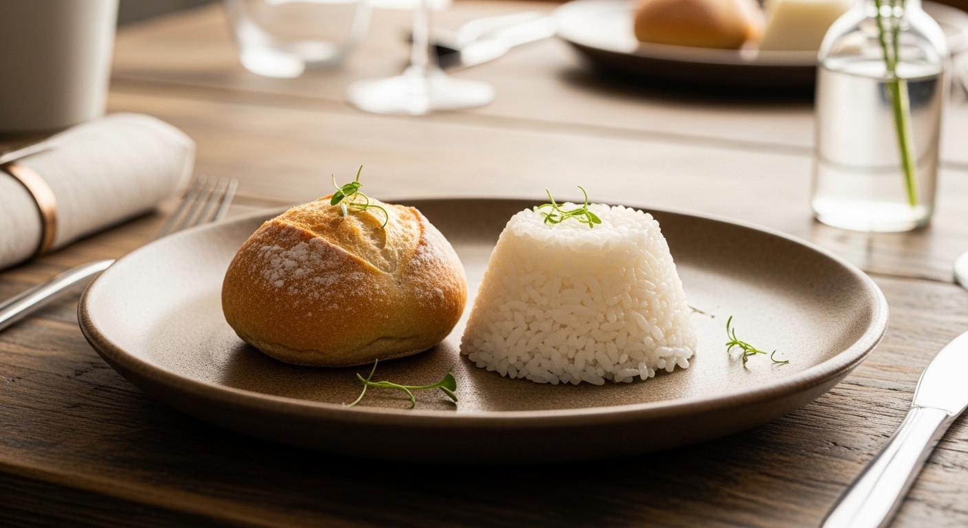 밥과 빵이 소량으로 제공되는 한 끼 식사의 마지막 코스