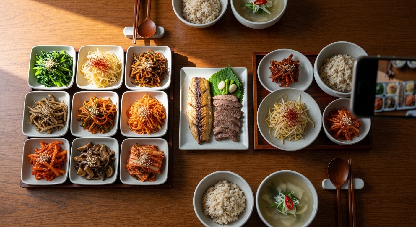 이상적인 소비 순서를 보여주는 전통 한국식 상차림 재배열