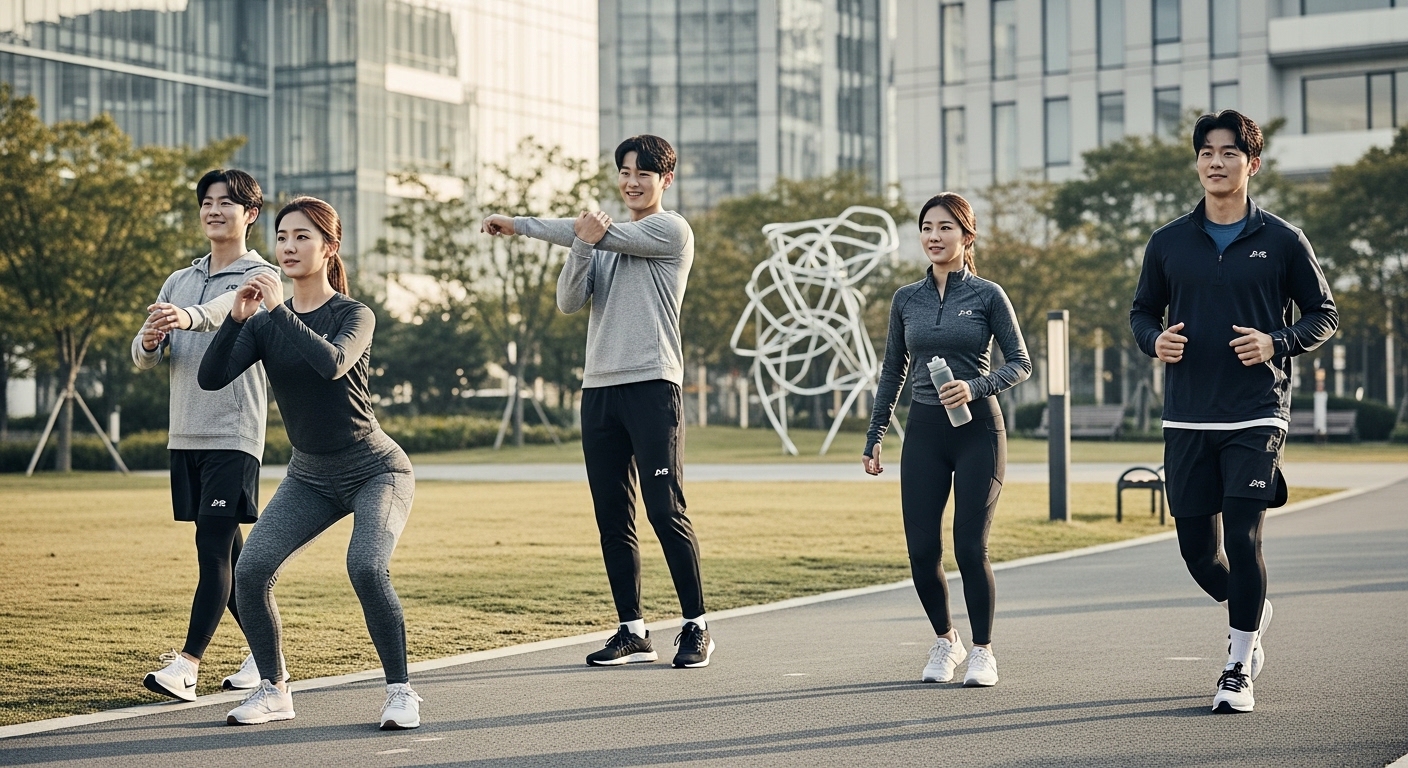 도심 공원에서 운동하는 활발한 한국인 성인들