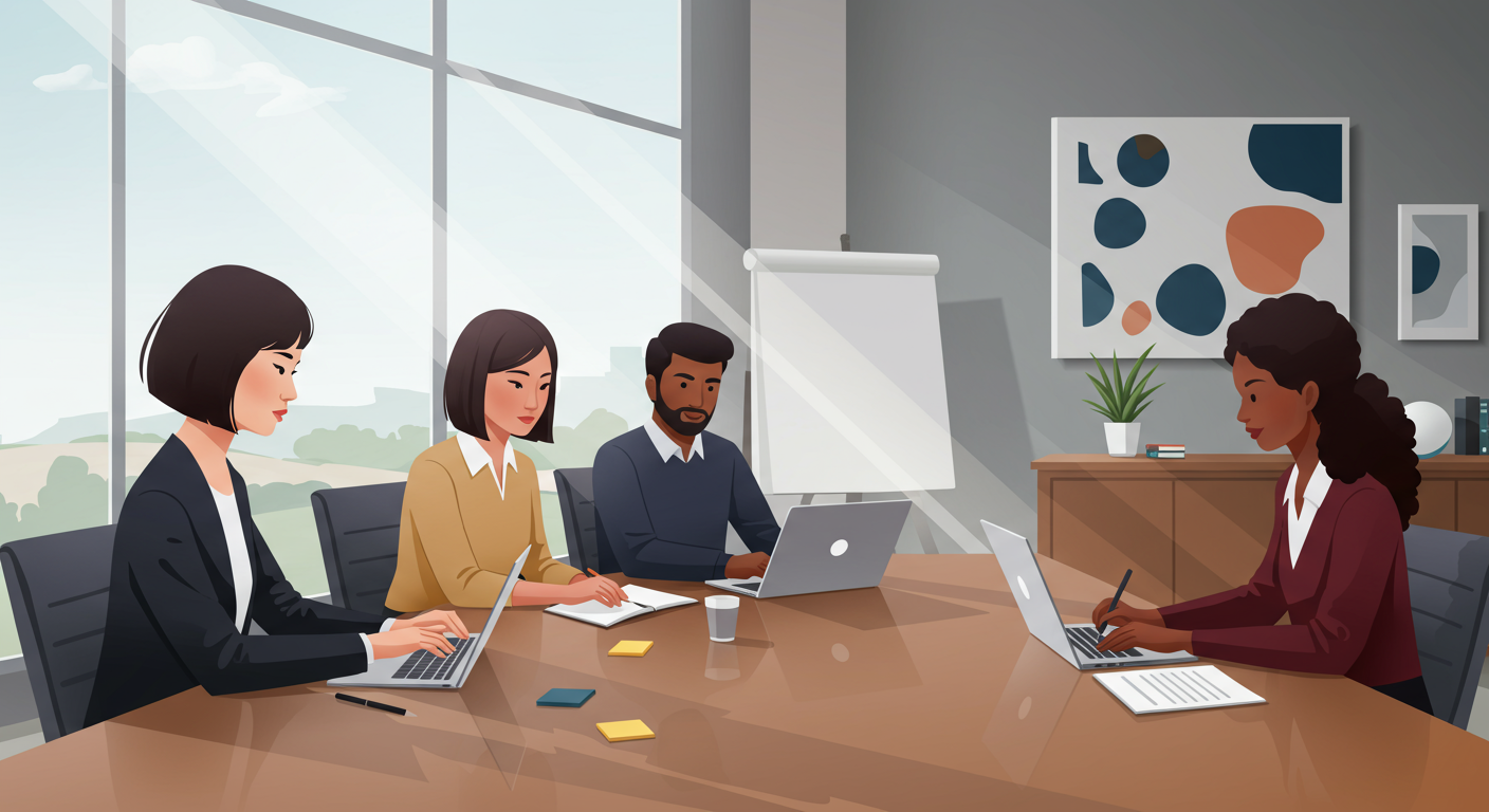 회의실에서 예산 계획을 논의하는 젊은 전문가들