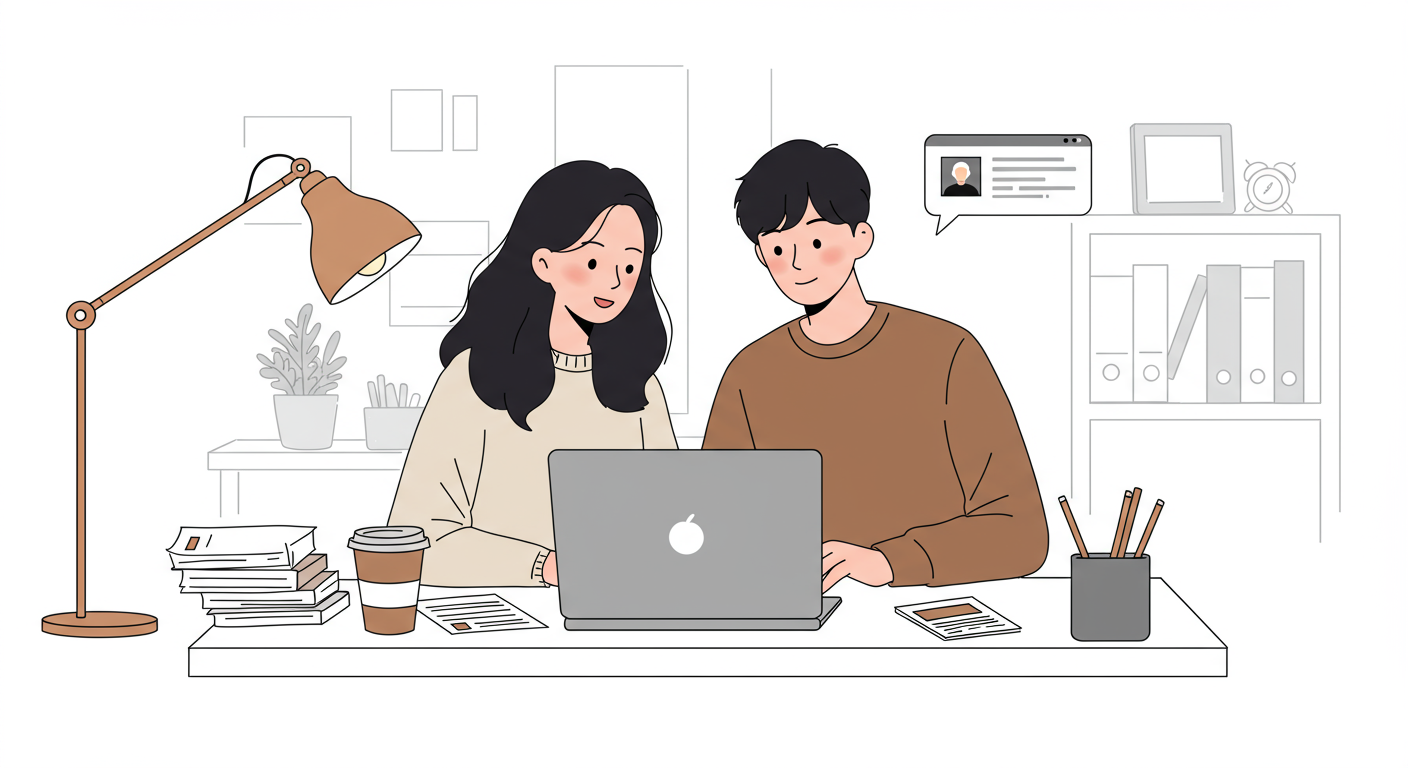 집에서 온라인으로 지원금을 신청하는 커플