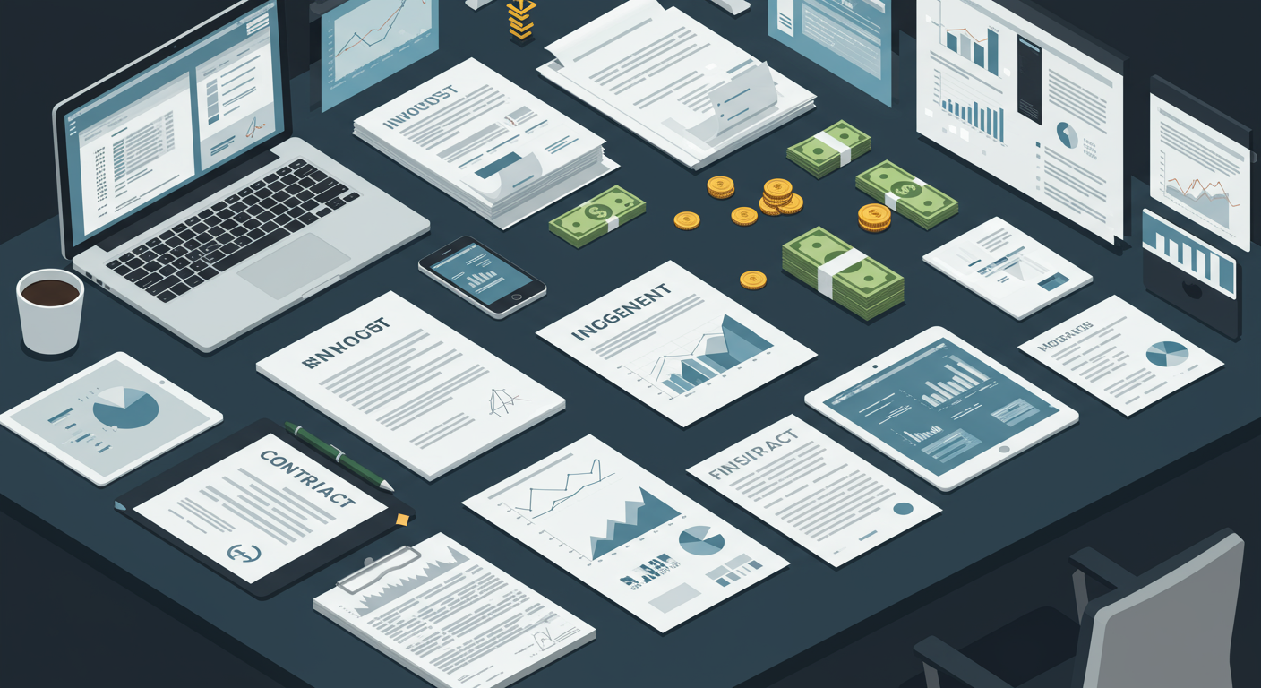 책상 위에서 금융 서류와 현금을 정리하는 장면