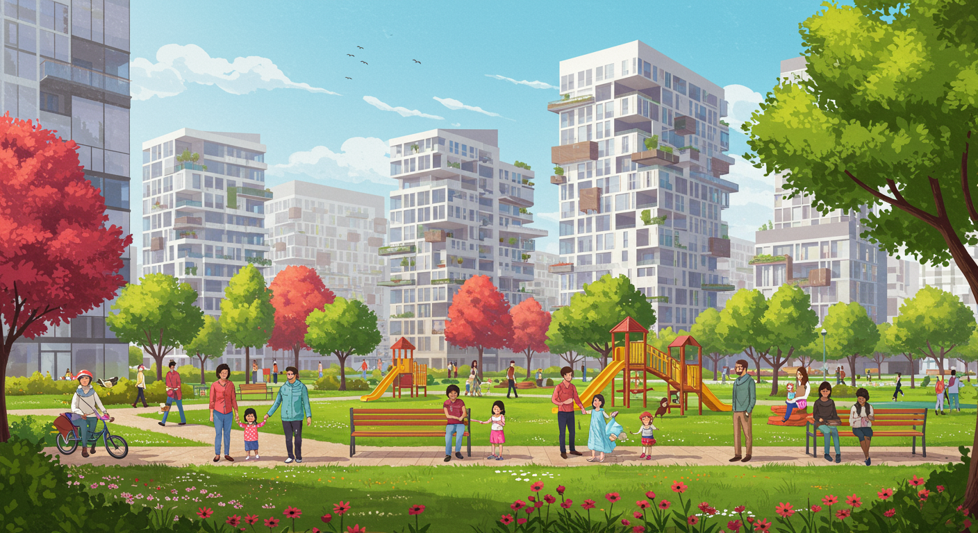 새롭게 개발된 주거지와 공원에서 행복한 가족들