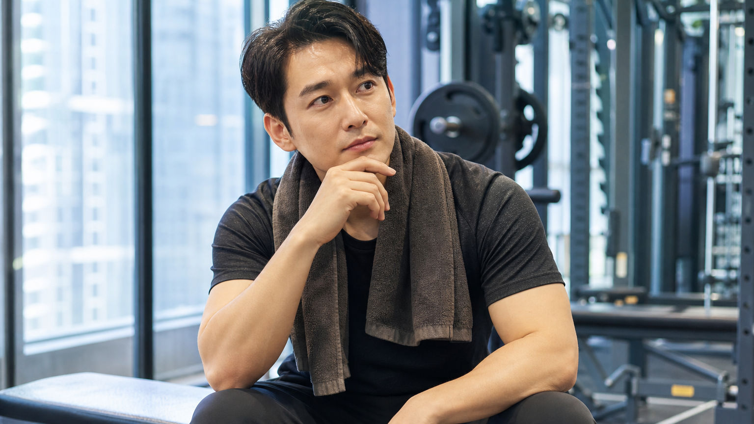 마사지 후 운동을 고민하는 남성이 현대적인 헬스장에서 생각에 잠긴 모습