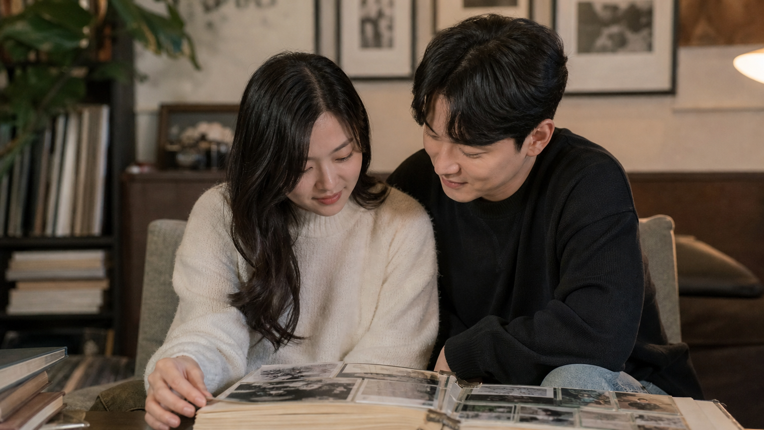 아늑한 거실에서 함께 앉아 추억이 담긴 사진첩을 보는 한국인 부부