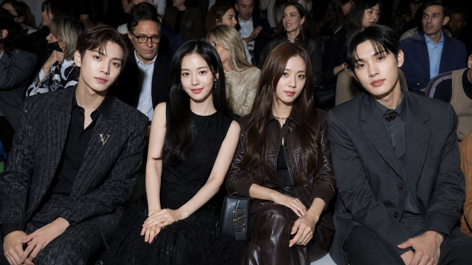 세련된 의상을 입고 자신감 있는 표정의 한국 셀럽들이 패션쇼 프런트 로에 있는 모습