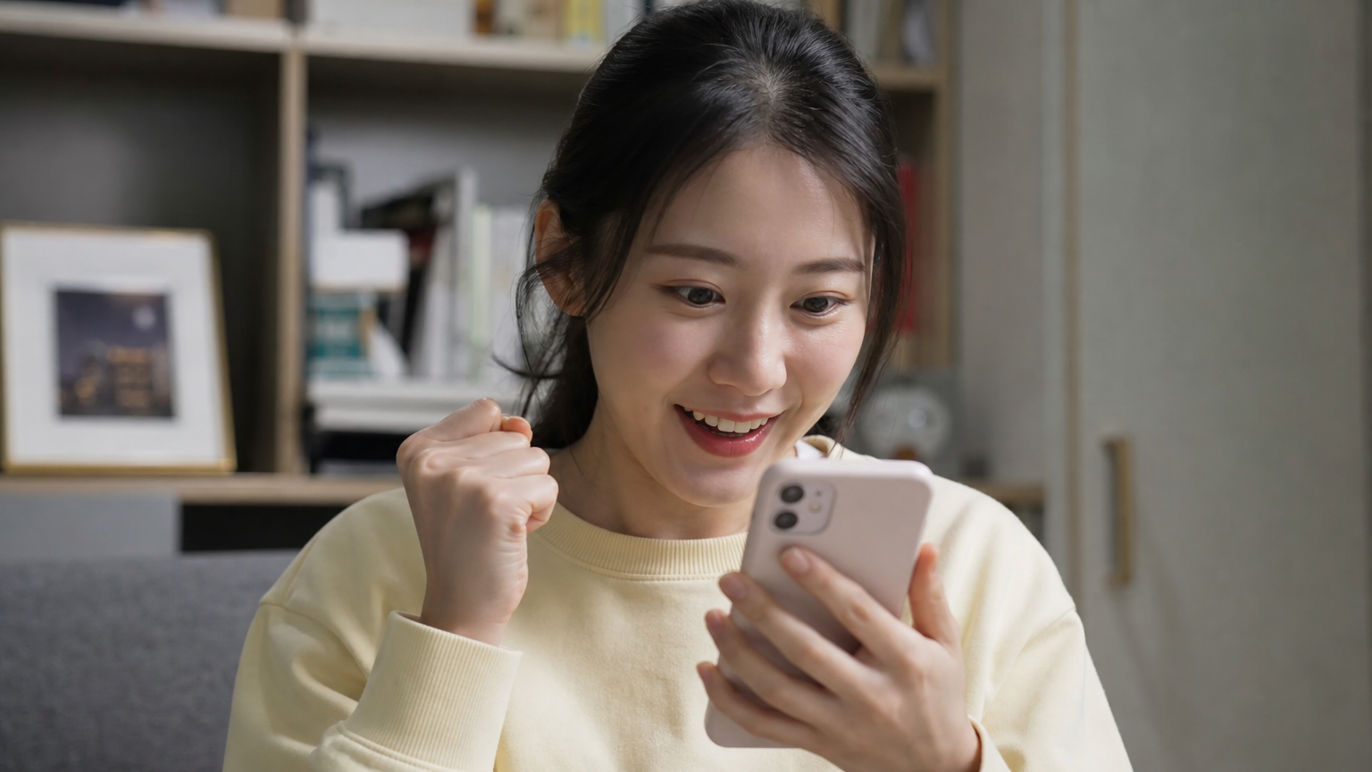집에서 스마트폰으로 복권 번호를 확인하며 기대감 넘치는 표정을 짓는 젊은 여성