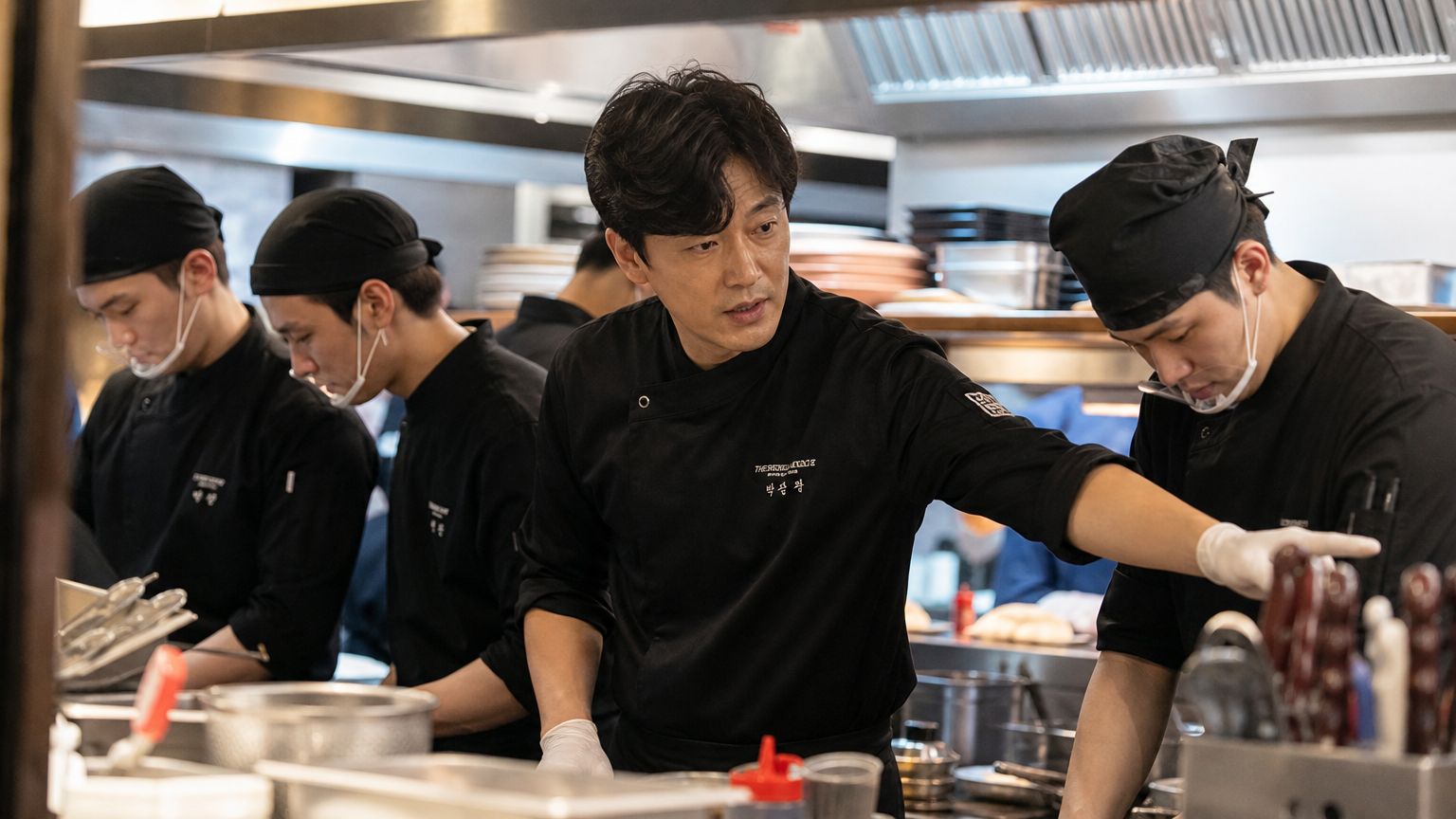 바쁜 주방에서 직원들과 함께 식자재를 준비하는 배우의 모습