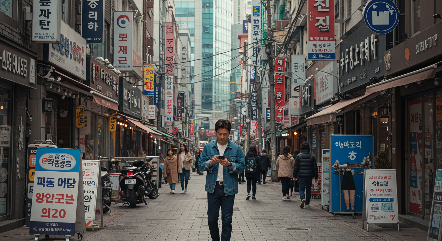 한국 도시 거리에서 지역화폐 가맹점을 찾는 남성