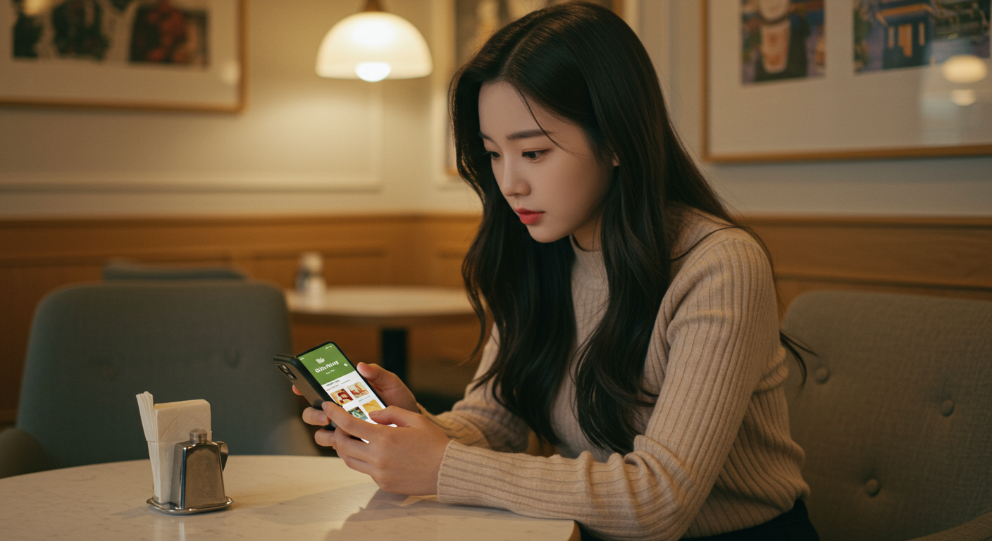 카페에서 스마트폰으로 올리브영 앱을 보는 여성