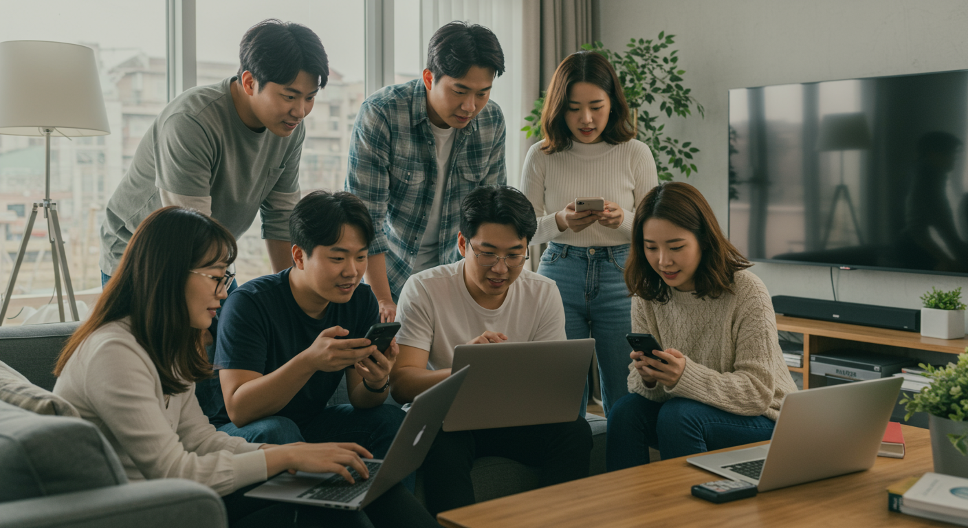 현대적인 거실에서 디지털 기기를 통해 정보를 검색하는 친구들