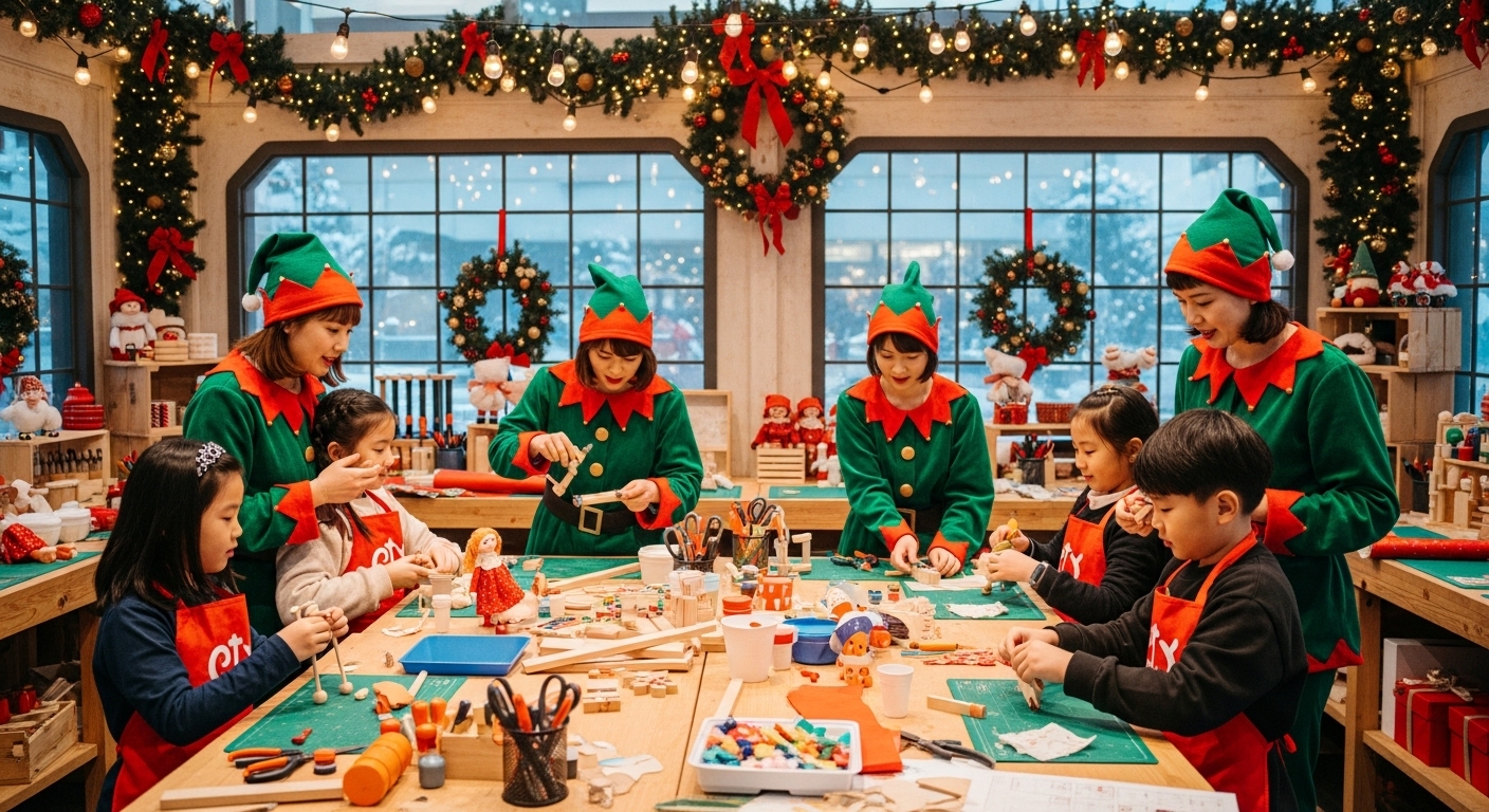 아이들이 인형공방 부스에서 장난감을 만드는 모습