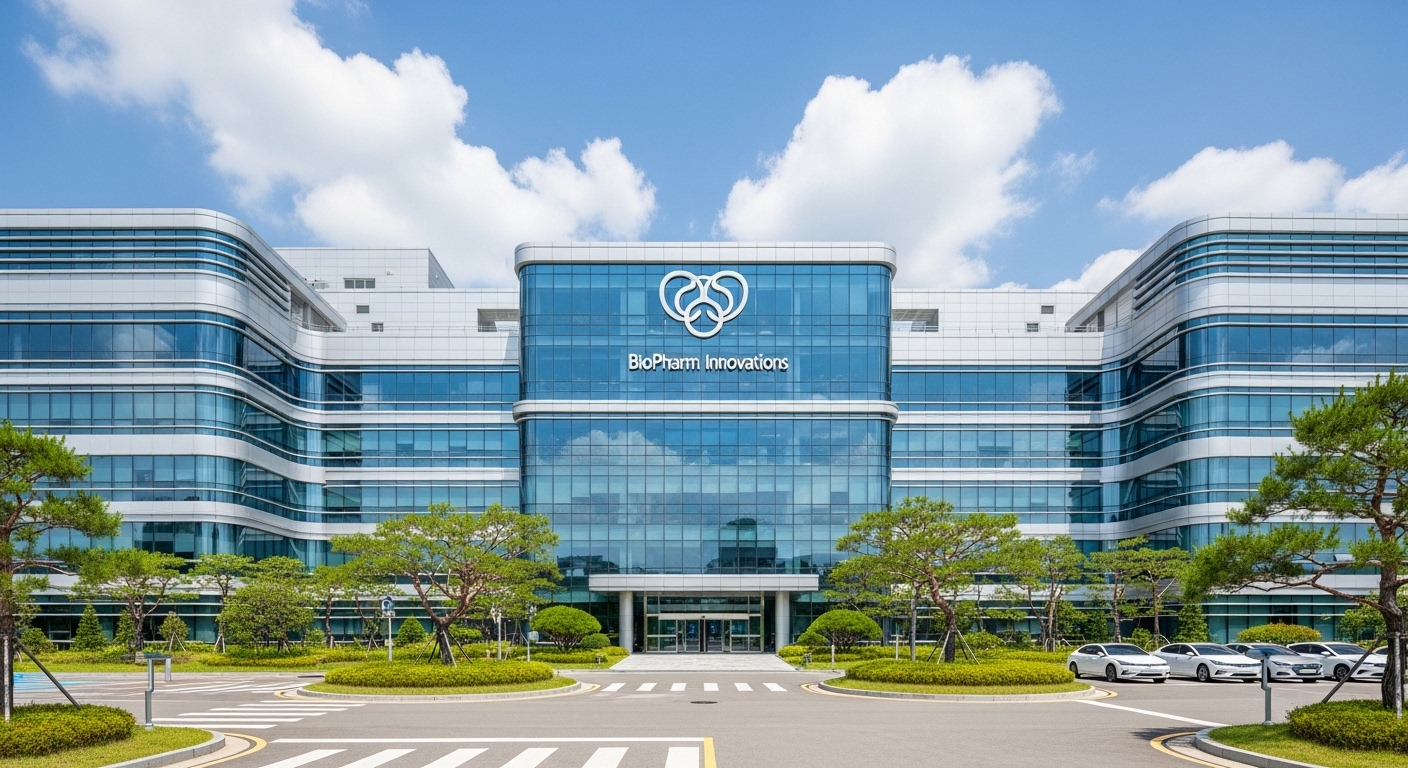 화성에 위치한 현대적인 제약 공장의 외관, 미래지향적이고 대규모 시설