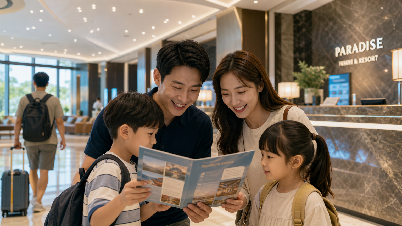 호텔 로비에서 브로셔를 보고 있는 현대적인 가족의 모습