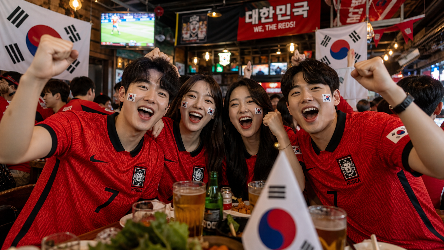 젊은 팬들이 활기찬 스포츠 바에서 응원하는 모습