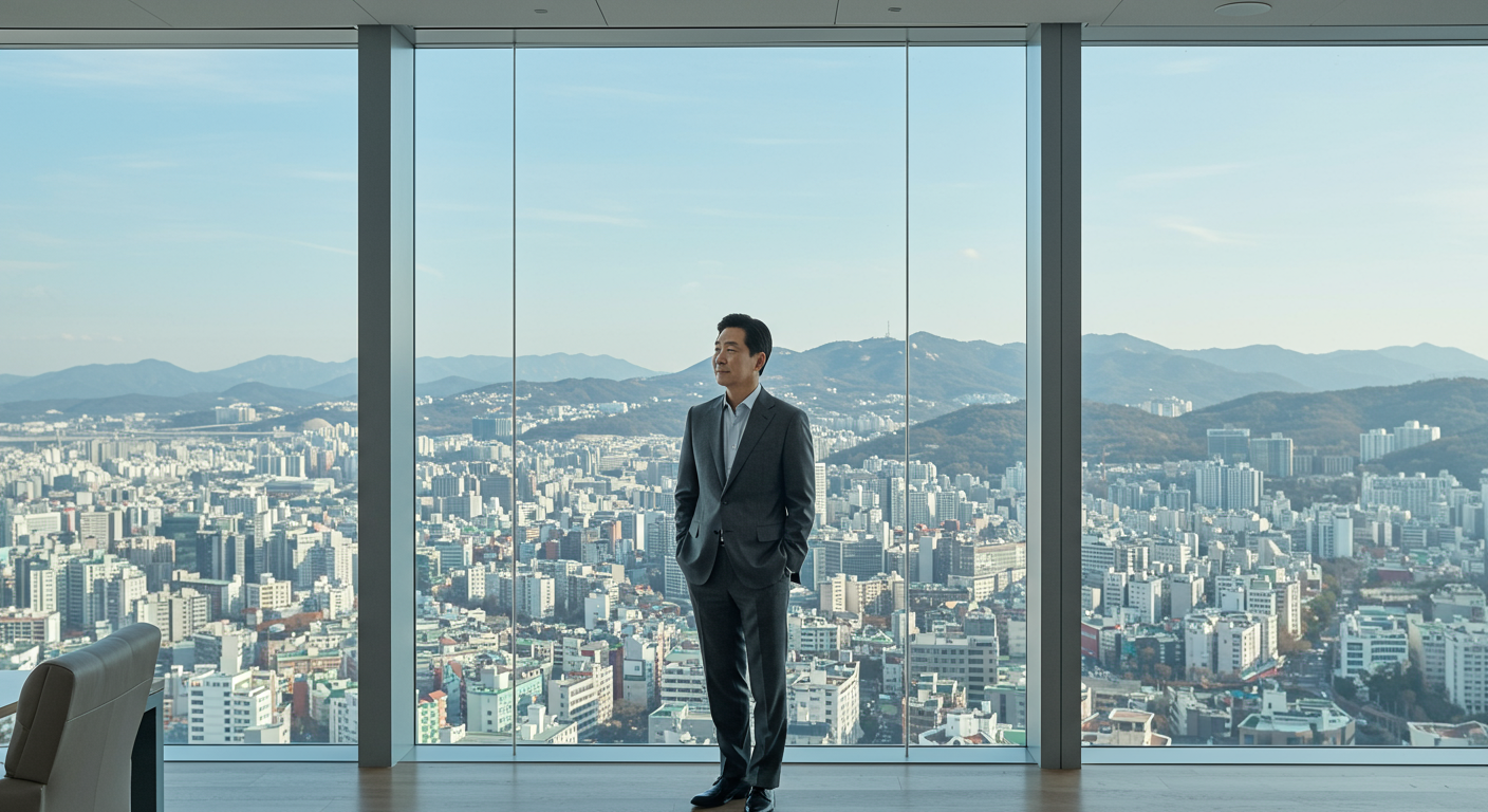 서울 현대식 사무실에서 도시 스카이라인을 보며 국제 관계를 고민하는 비즈니스 전문가 모습