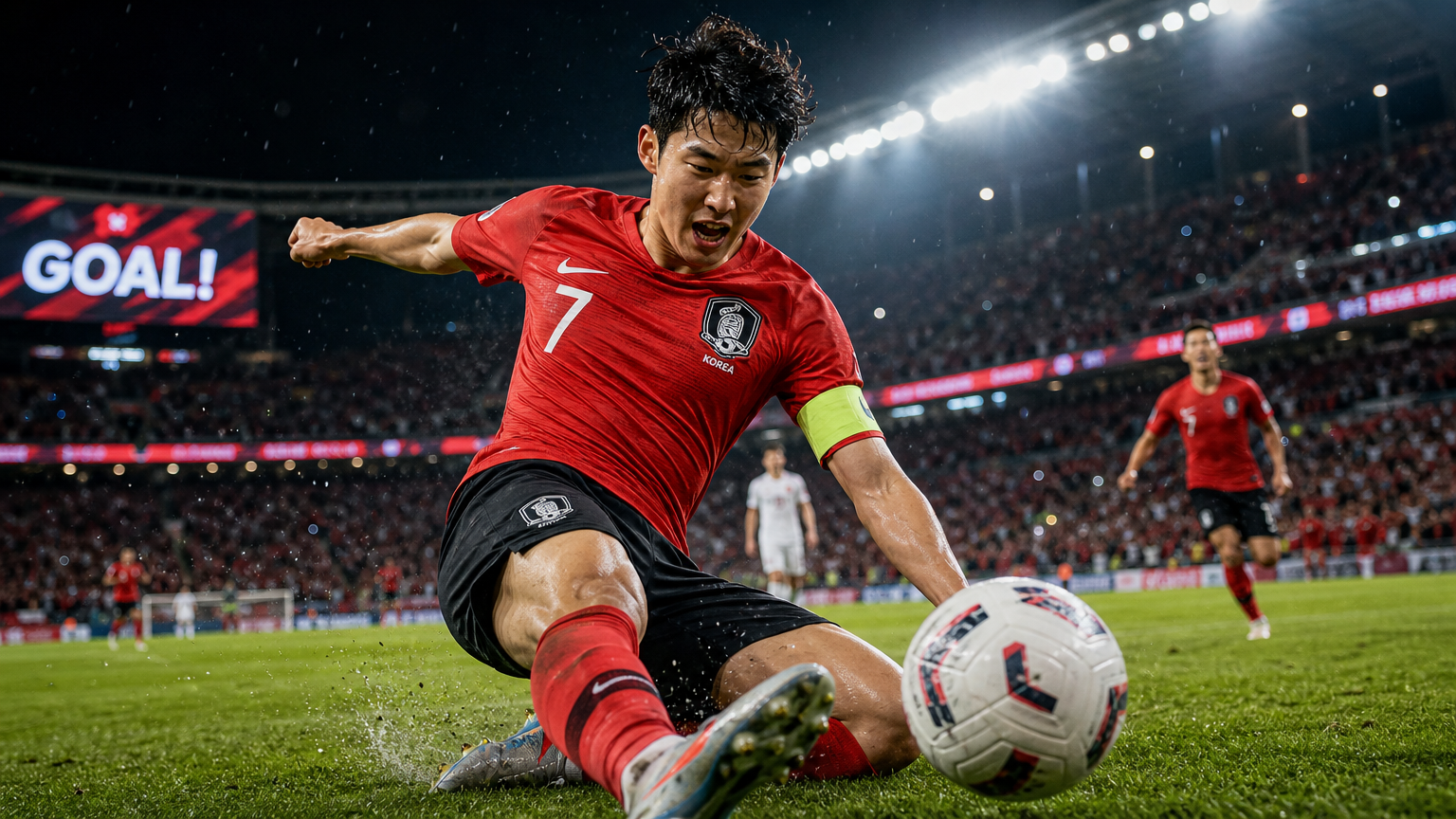 경기장에서 축구를 열정적으로 하는 한국 남성의 모습
